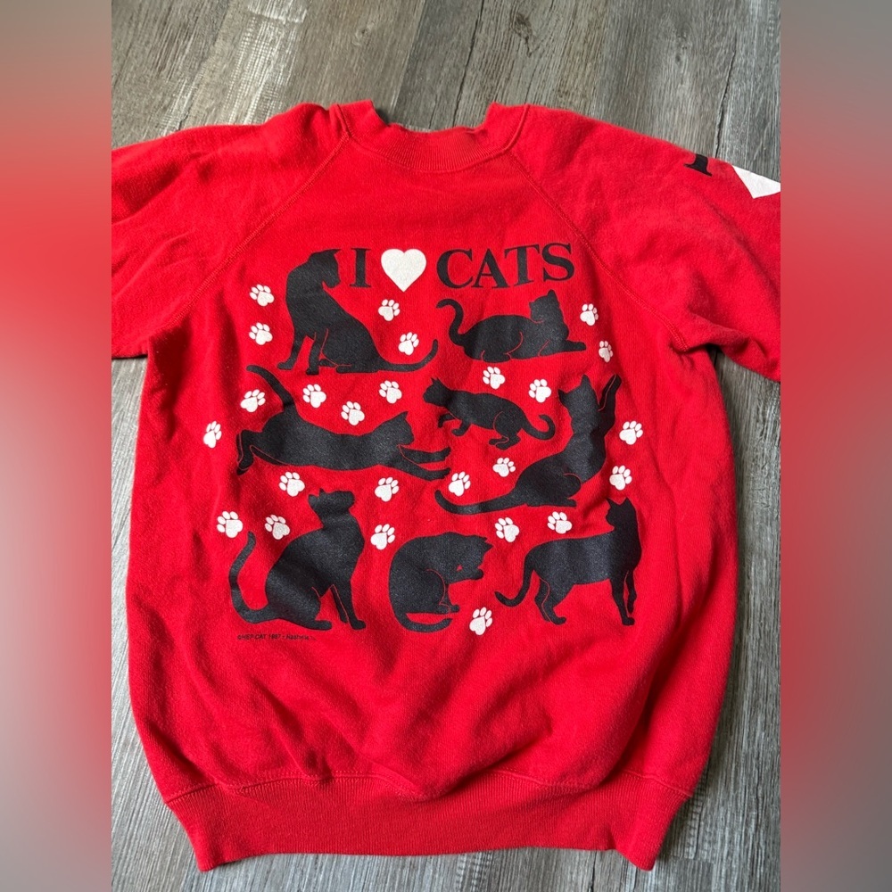 VTG I Love Cats Cat Lover Sweatshirt Crewneck Pullover Red Black Size S M - Picture 4 of 12
